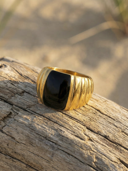 316L Stainless Steel 18K Gold PVD French Vintage Enamel Weighing-Block Ring - French Vintage Enamel Ring Wholesale Stainless Steel Jewelry - Sensitive Skin Friendly - Detail 4