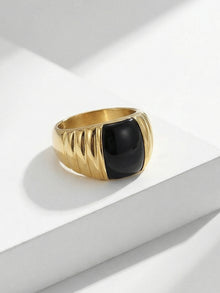 316L Stainless Steel 18K Gold PVD French Vintage Enamel Weighing-Block Ring - French Vintage Enamel Ring Wholesale Stainless Steel Jewelry - Sensitive Skin Friendly - Detail 5
