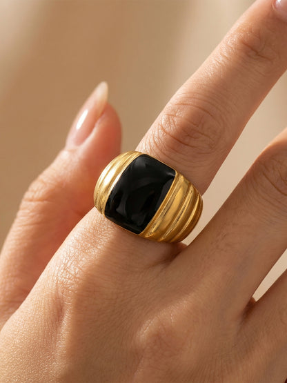 316L Stainless Steel 18K Gold PVD French Vintage Enamel Weighing-Block Ring - French Vintage Enamel Ring Wholesale Stainless Steel Jewelry - Sensitive Skin Friendly - Detail 6