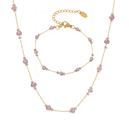 316L Stainless Steel 18K Gold PVD Freshwater Pearl Necklace & Bracelet - Freshwater Pearl, Elegant, Modern, Delicate, Gold Plated Wholesale Stainless Steel Jewelry - Sensitive Skin Friendly - Detail 1