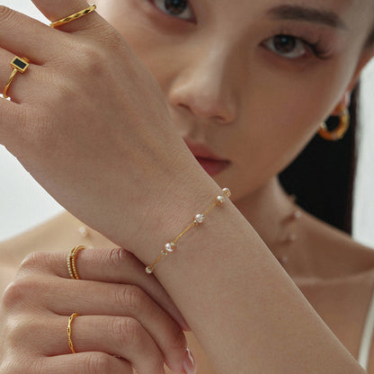 316L Stainless Steel 18K Gold PVD Freshwater Pearl Necklace & Bracelet - Freshwater Pearl, Elegant, Modern, Delicate, Gold Plated Wholesale Stainless Steel Jewelry - Sensitive Skin Friendly - Detail 11