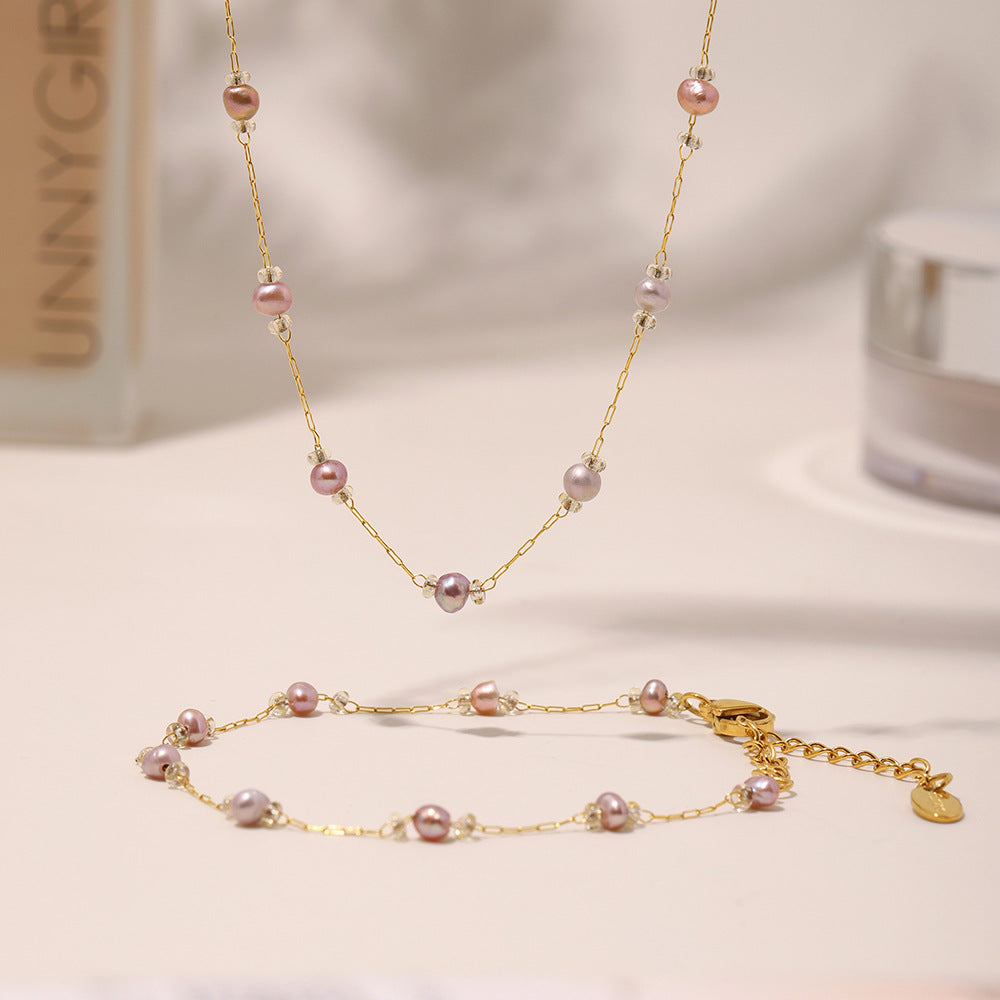 316L Stainless Steel 18K Gold PVD Freshwater Pearl Necklace & Bracelet - Freshwater Pearl, Elegant, Modern, Delicate, Gold Plated Wholesale Stainless Steel Jewelry - Sensitive Skin Friendly - Detail 13