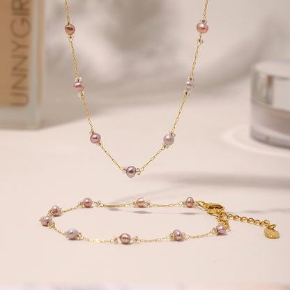 316L Stainless Steel 18K Gold PVD Freshwater Pearl Necklace & Bracelet - Freshwater Pearl, Elegant, Modern, Delicate, Gold Plated Wholesale Stainless Steel Jewelry - Sensitive Skin Friendly - Detail 13
