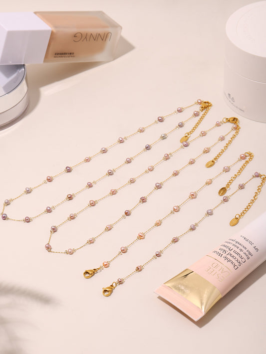 316L Stainless Steel 18K Gold PVD Freshwater Pearl Necklace & Bracelet - Freshwater Pearl, Elegant, Modern, Delicate, Gold Plated Wholesale Stainless Steel Jewelry - Sensitive Skin Friendly - Detail 2