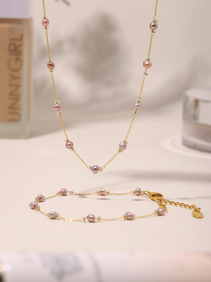 316L Stainless Steel 18K Gold PVD Freshwater Pearl Necklace & Bracelet - Freshwater Pearl, Elegant, Modern, Delicate, Gold Plated Wholesale Stainless Steel Jewelry - Sensitive Skin Friendly - Detail 5