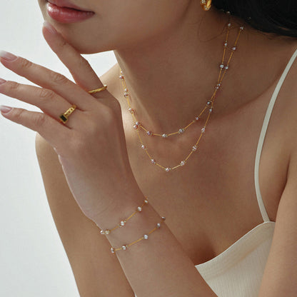 316L Stainless Steel 18K Gold PVD Freshwater Pearl Necklace & Bracelet - Freshwater Pearl, Elegant, Modern, Delicate, Gold Plated Wholesale Stainless Steel Jewelry - Sensitive Skin Friendly - Detail 8