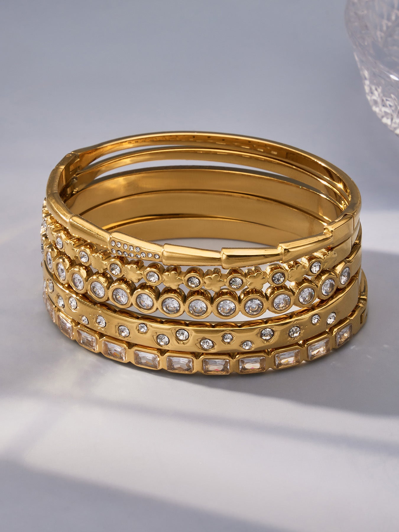 316L Stainless Steel 18K Gold PVD Full Pave 5A Zircon Bangle - Elegant Gold Bangle, Pave Zircon, Modern, Luxury, Dazzling Wholesale Stainless Steel Jewelry - Sensitive Skin Friendly - Detail 12