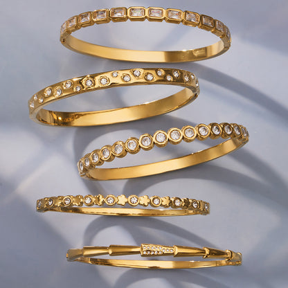 316L Stainless Steel 18K Gold PVD Full Pave 5A Zircon Bangle - Elegant Gold Bangle, Pave Zircon, Modern, Luxury, Dazzling Wholesale Stainless Steel Jewelry - Sensitive Skin Friendly - Detail 19