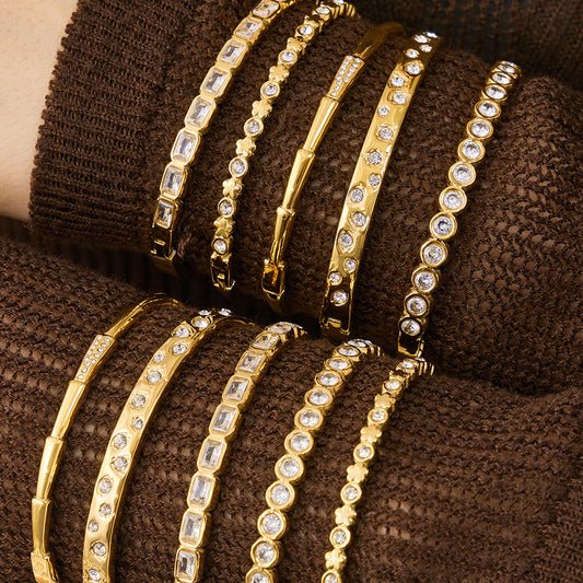 316L Stainless Steel 18K Gold PVD Full Pave 5A Zircon Bangle - Elegant Gold Bangle, Pave Zircon, Modern, Luxury, Dazzling Wholesale Stainless Steel Jewelry - Sensitive Skin Friendly - Detail 4