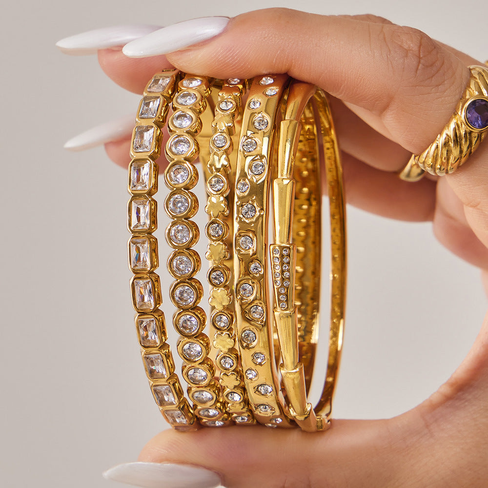 316L Stainless Steel 18K Gold PVD Full Pave 5A Zircon Bangle - Elegant Gold Bangle, Pave Zircon, Modern, Luxury, Dazzling Wholesale Stainless Steel Jewelry - Sensitive Skin Friendly - Detail 6