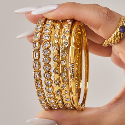 316L Stainless Steel 18K Gold PVD Full Pave 5A Zircon Bangle - Elegant Gold Bangle, Pave Zircon, Modern, Luxury, Dazzling Wholesale Stainless Steel Jewelry - Sensitive Skin Friendly - Detail 6