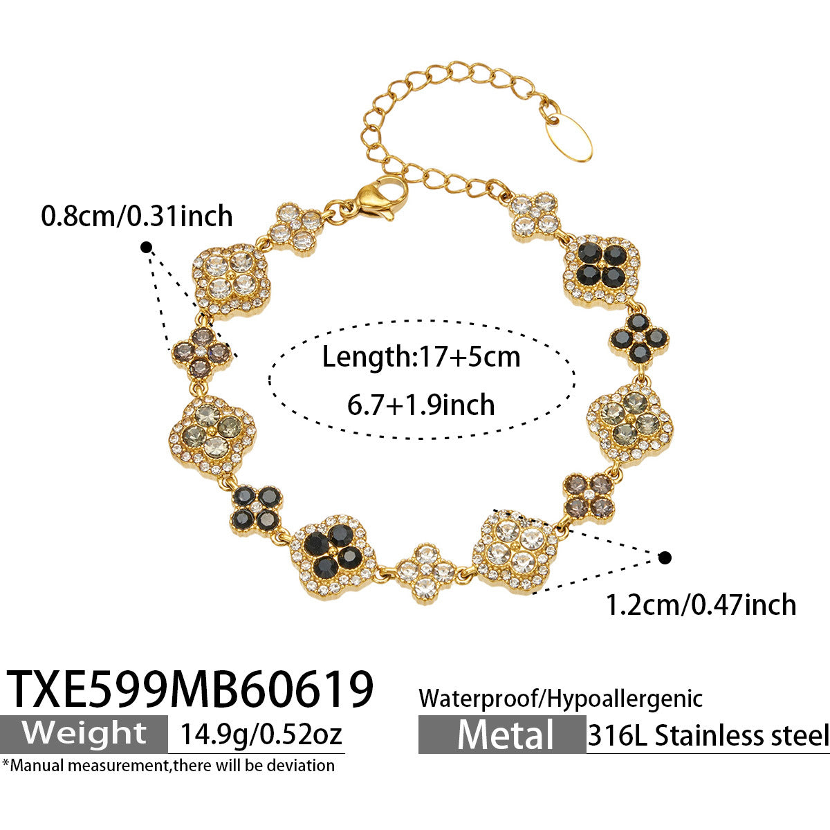 316L Stainless Steel 18K Gold PVD Full Zircon Four Leaf Clover Jewelry Set - Four Leaf Clover Full Zircon Luxury Gold Jewelry Colorful Zircon Necklace Bracelet Earrings Wholesale Stainless Steel Jewelry - Sensitive Skin Friendly - Detail 10