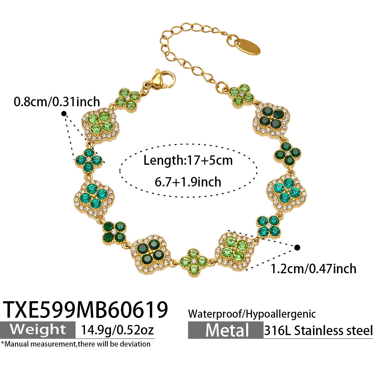 316L Stainless Steel 18K Gold PVD Full Zircon Four Leaf Clover Jewelry Set - Four Leaf Clover Full Zircon Luxury Gold Jewelry Colorful Zircon Necklace Bracelet Earrings Wholesale Stainless Steel Jewelry - Sensitive Skin Friendly - Detail 11