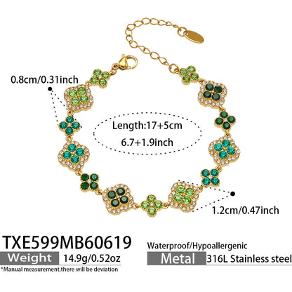 316L Stainless Steel 18K Gold PVD Full Zircon Four Leaf Clover Jewelry Set - Four Leaf Clover Full Zircon Luxury Gold Jewelry Colorful Zircon Necklace Bracelet Earrings Wholesale Stainless Steel Jewelry - Sensitive Skin Friendly - Detail 11