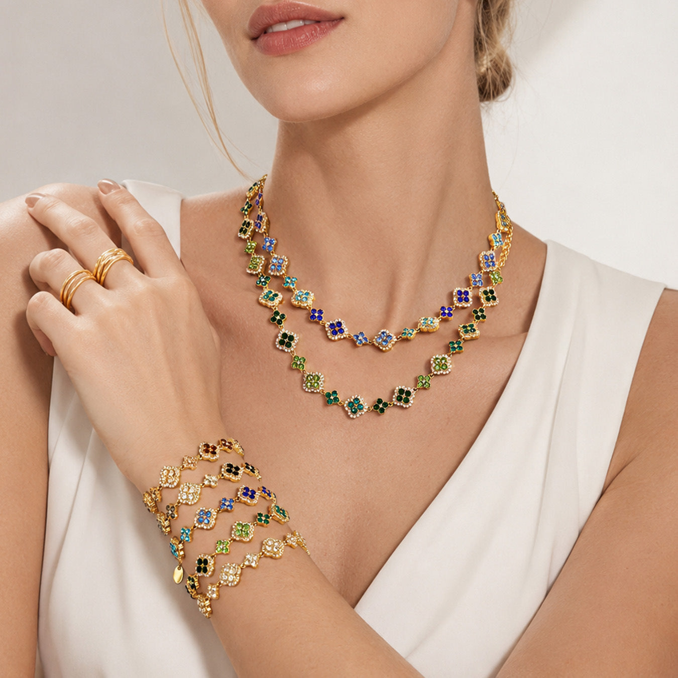 316L Stainless Steel 18K Gold PVD Full Zircon Four Leaf Clover Jewelry Set - Four Leaf Clover Full Zircon Luxury Gold Jewelry Colorful Zircon Necklace Bracelet Earrings Wholesale Stainless Steel Jewelry - Sensitive Skin Friendly - Detail 3