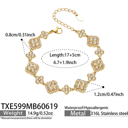 316L Stainless Steel 18K Gold PVD Full Zircon Four Leaf Clover Jewelry Set - Four Leaf Clover Full Zircon Luxury Gold Jewelry Colorful Zircon Necklace Bracelet Earrings Wholesale Stainless Steel Jewelry - Sensitive Skin Friendly - Detail 8
