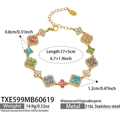 316L Stainless Steel 18K Gold PVD Full Zircon Four Leaf Clover Jewelry Set - Four Leaf Clover Full Zircon Luxury Gold Jewelry Colorful Zircon Necklace Bracelet Earrings Wholesale Stainless Steel Jewelry - Sensitive Skin Friendly - Detail 9