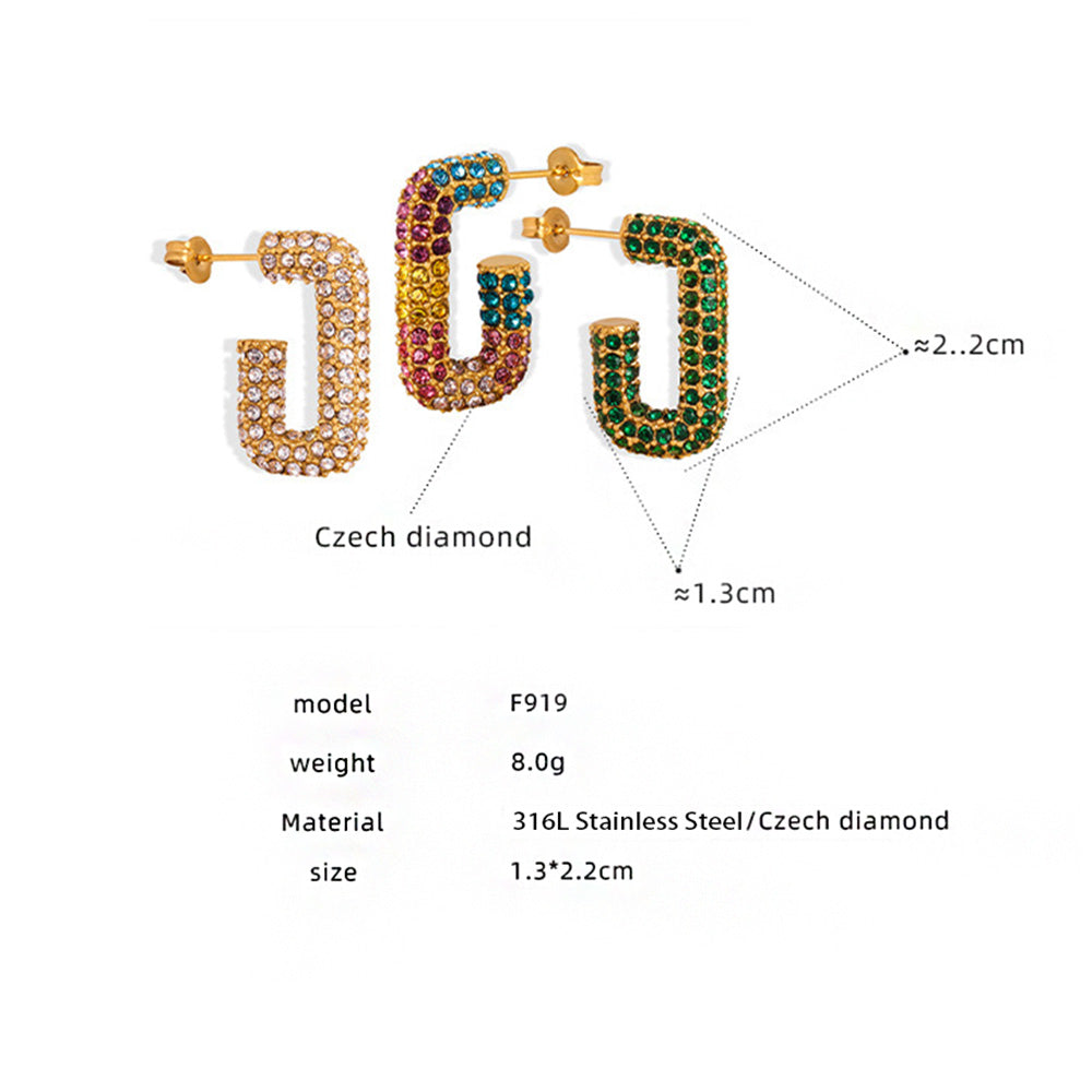 316L Stainless Steel 18K Gold PVD G-Shape Colorful Czech Diamond Earrings - G-Shape Geometric Colorful Czech Diamond Gold Earrings Wholesale Stainless Steel Jewelry - Sensitive Skin Friendly - Detail 1