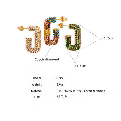 316L Stainless Steel 18K Gold PVD G-Shape Colorful Czech Diamond Earrings - G-Shape Geometric Colorful Czech Diamond Gold Earrings Wholesale Stainless Steel Jewelry - Sensitive Skin Friendly - Detail 1
