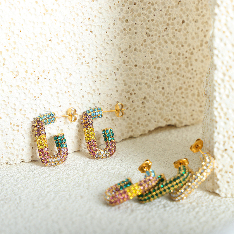 316L Stainless Steel 18K Gold PVD G-Shape Colorful Czech Diamond Earrings - G-Shape Geometric Colorful Czech Diamond Gold Earrings Wholesale Stainless Steel Jewelry - Sensitive Skin Friendly - Detail 11