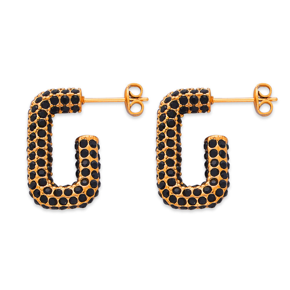316L Stainless Steel 18K Gold PVD G-Shape Colorful Czech Diamond Earrings - G-Shape Geometric Colorful Czech Diamond Gold Earrings Wholesale Stainless Steel Jewelry - Sensitive Skin Friendly - Detail 2