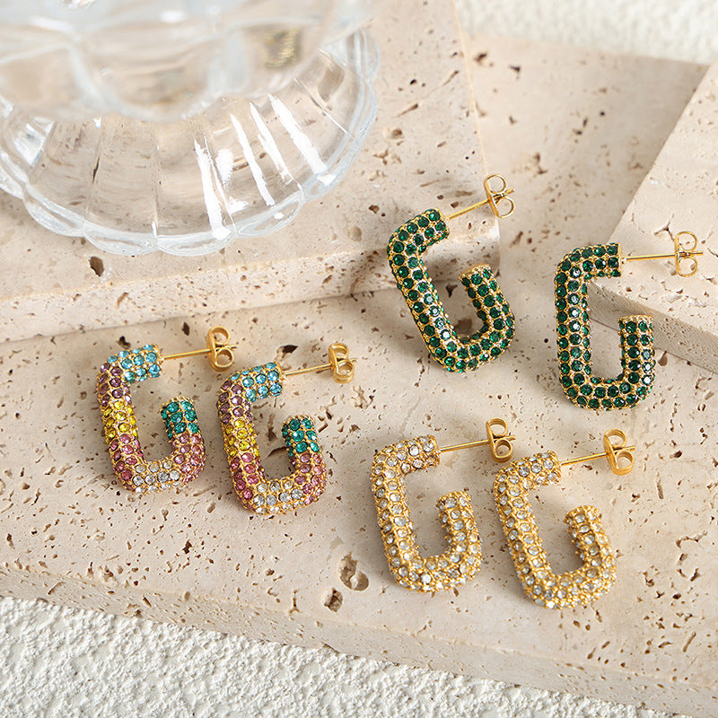 316L Stainless Steel 18K Gold PVD G-Shape Colorful Czech Diamond Earrings - G-Shape Geometric Colorful Czech Diamond Gold Earrings Wholesale Stainless Steel Jewelry - Sensitive Skin Friendly - Detail 5