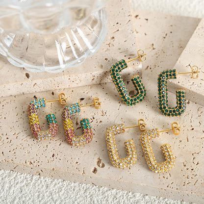 316L Stainless Steel 18K Gold PVD G-Shape Colorful Czech Diamond Earrings - G-Shape Geometric Colorful Czech Diamond Gold Earrings Wholesale Stainless Steel Jewelry - Sensitive Skin Friendly - Detail 5