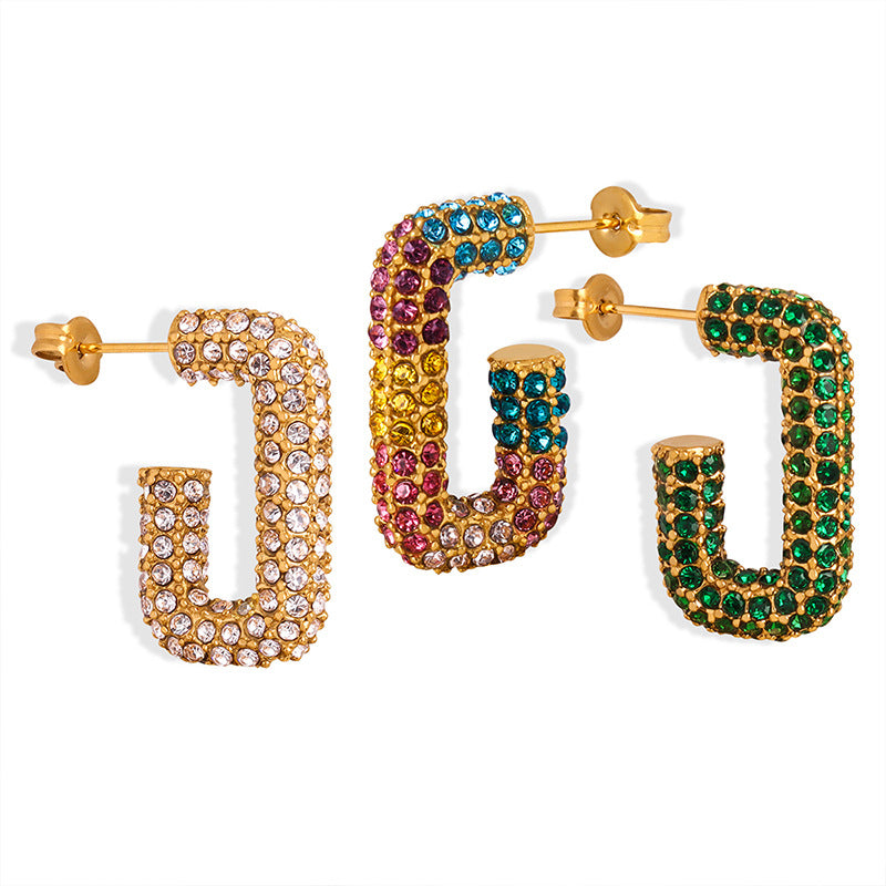 316L Stainless Steel 18K Gold PVD G-Shape Colorful Czech Diamond Earrings - G-Shape Geometric Colorful Czech Diamond Gold Earrings Wholesale Stainless Steel Jewelry - Sensitive Skin Friendly - Detail 8