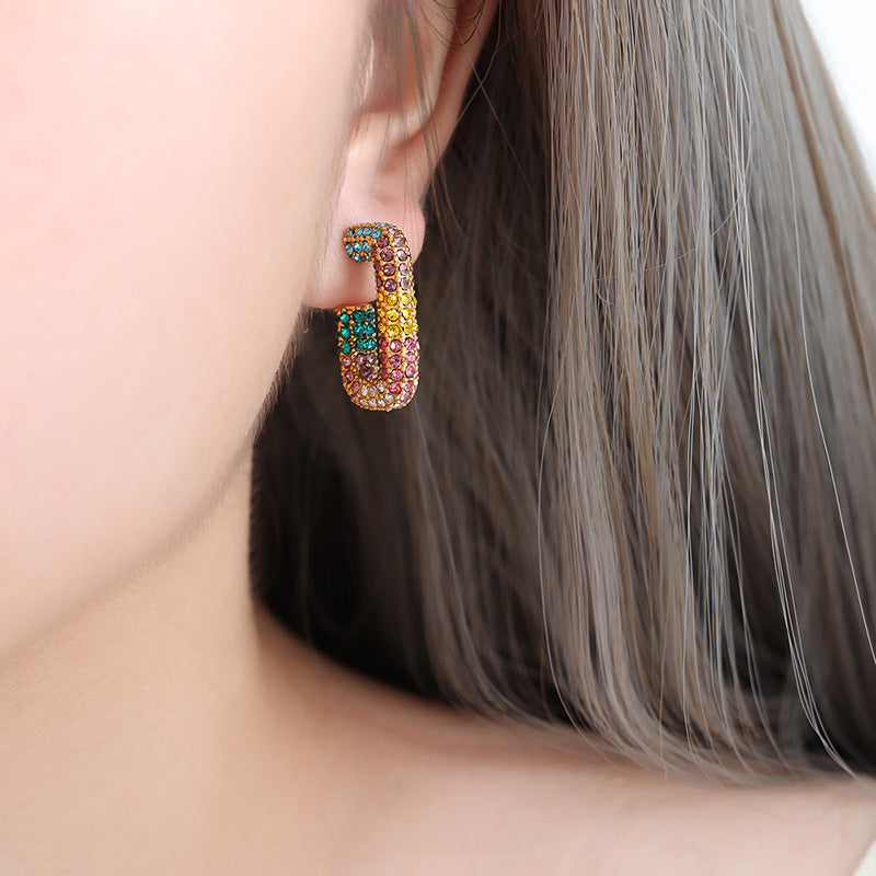 316L Stainless Steel 18K Gold PVD G-Shape Colorful Czech Diamond Earrings - G-Shape Geometric Colorful Czech Diamond Gold Earrings Wholesale Stainless Steel Jewelry - Sensitive Skin Friendly - Detail 9