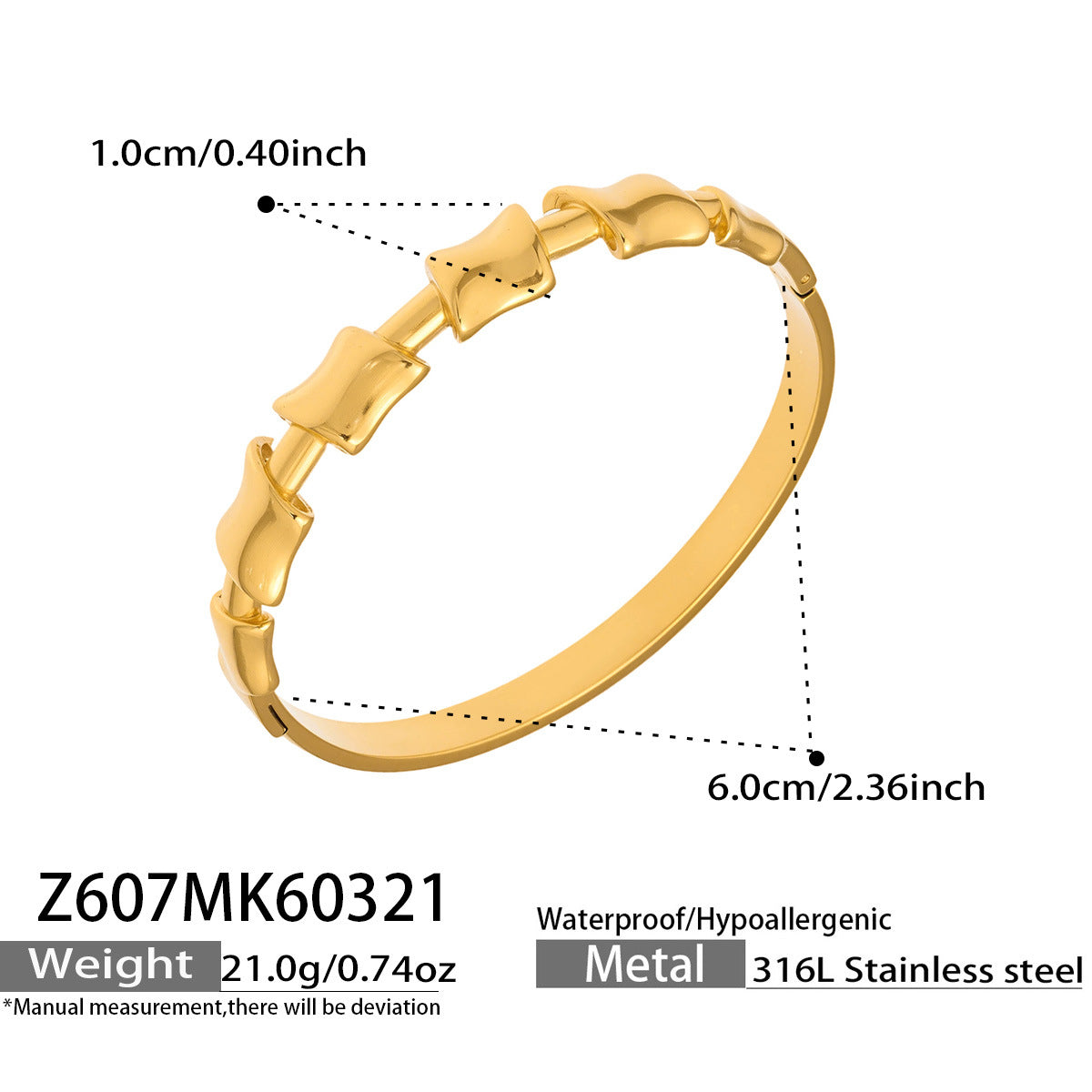 316L Stainless Steel 18K Gold PVD Geometric Bamboo Knot Bangle - Geometric Bamboo Knot, 18K Gold PVD Wholesale Stainless Steel Jewelry - Sensitive Skin Friendly - Detail 10