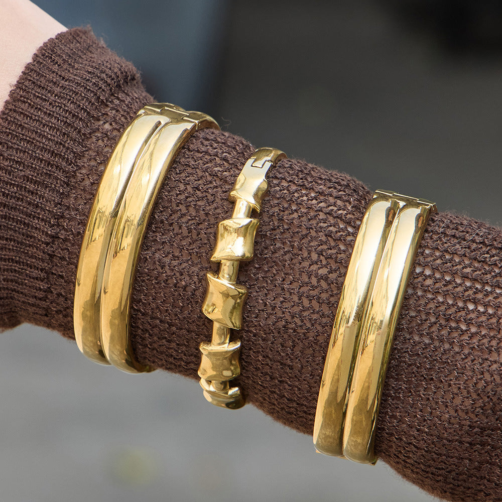 316L Stainless Steel 18K Gold PVD Geometric Bamboo Knot Bangle - Geometric Bamboo Knot, 18K Gold PVD Wholesale Stainless Steel Jewelry - Sensitive Skin Friendly - Detail 11