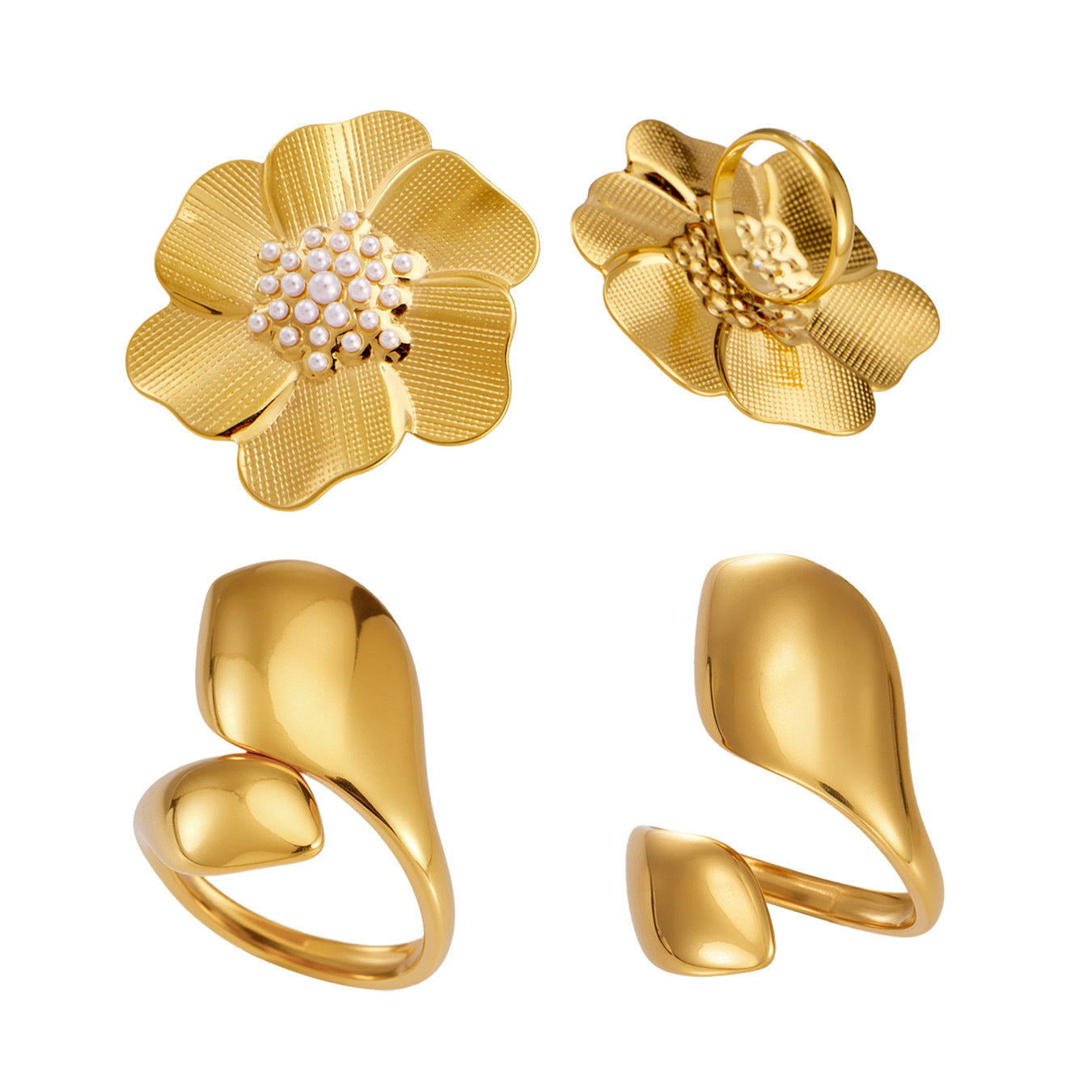316L Stainless Steel 18K Gold PVD Geometric Floral Inlaid Pearl Ring - Geometric Floral Inlaid Pearl Wholesale Stainless Steel Jewelry - Sensitive Skin Friendly - Detail 1