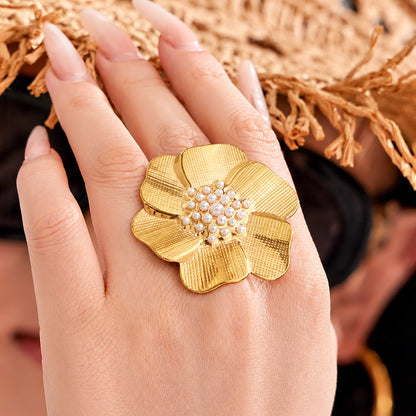 316L Stainless Steel 18K Gold PVD Geometric Floral Inlaid Pearl Ring - Geometric Floral Inlaid Pearl Wholesale Stainless Steel Jewelry - Sensitive Skin Friendly - Detail 4