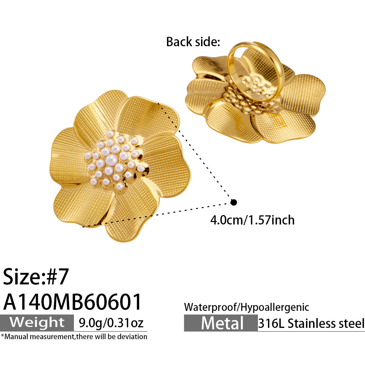 316L Stainless Steel 18K Gold PVD Geometric Floral Inlaid Pearl Ring - Geometric Floral Inlaid Pearl Wholesale Stainless Steel Jewelry - Sensitive Skin Friendly - Detail 9
