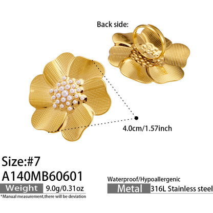 316L Stainless Steel 18K Gold PVD Geometric Floral Inlaid Pearl Ring - Geometric Floral Inlaid Pearl Wholesale Stainless Steel Jewelry - Sensitive Skin Friendly - Detail 9
