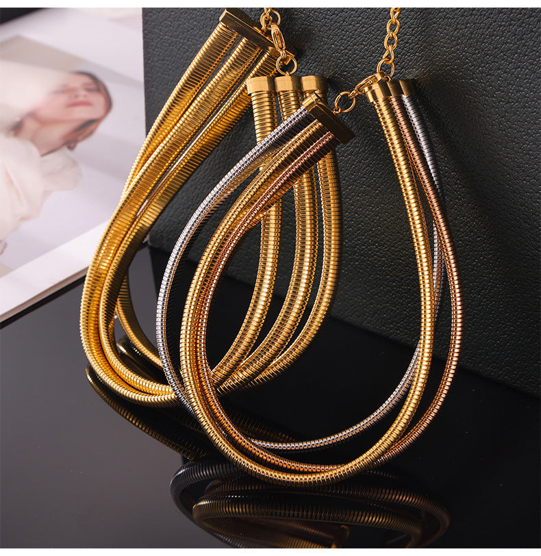 316L Stainless Steel 18K Gold PVD Geometric Goose Neck Multi-layer Necklace - Geometric Modern Punk Multi-layer Stacking Wholesale Stainless Steel Jewelry - Sensitive Skin Friendly - Detail 6