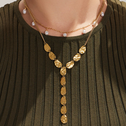 316L Stainless Steel 18K Gold PVD Geometric Hammered Y Necklace - Geometric Hammered Y Necklace Minimalist Gold Wholesale Stainless Steel Jewelry - Sensitive Skin Friendly - Detail 1