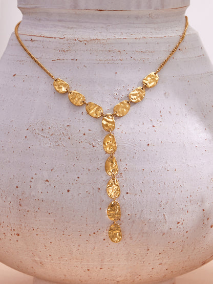316L Stainless Steel 18K Gold PVD Geometric Hammered Y Necklace - Geometric Hammered Y Necklace Minimalist Gold Wholesale Stainless Steel Jewelry - Sensitive Skin Friendly - Detail 10