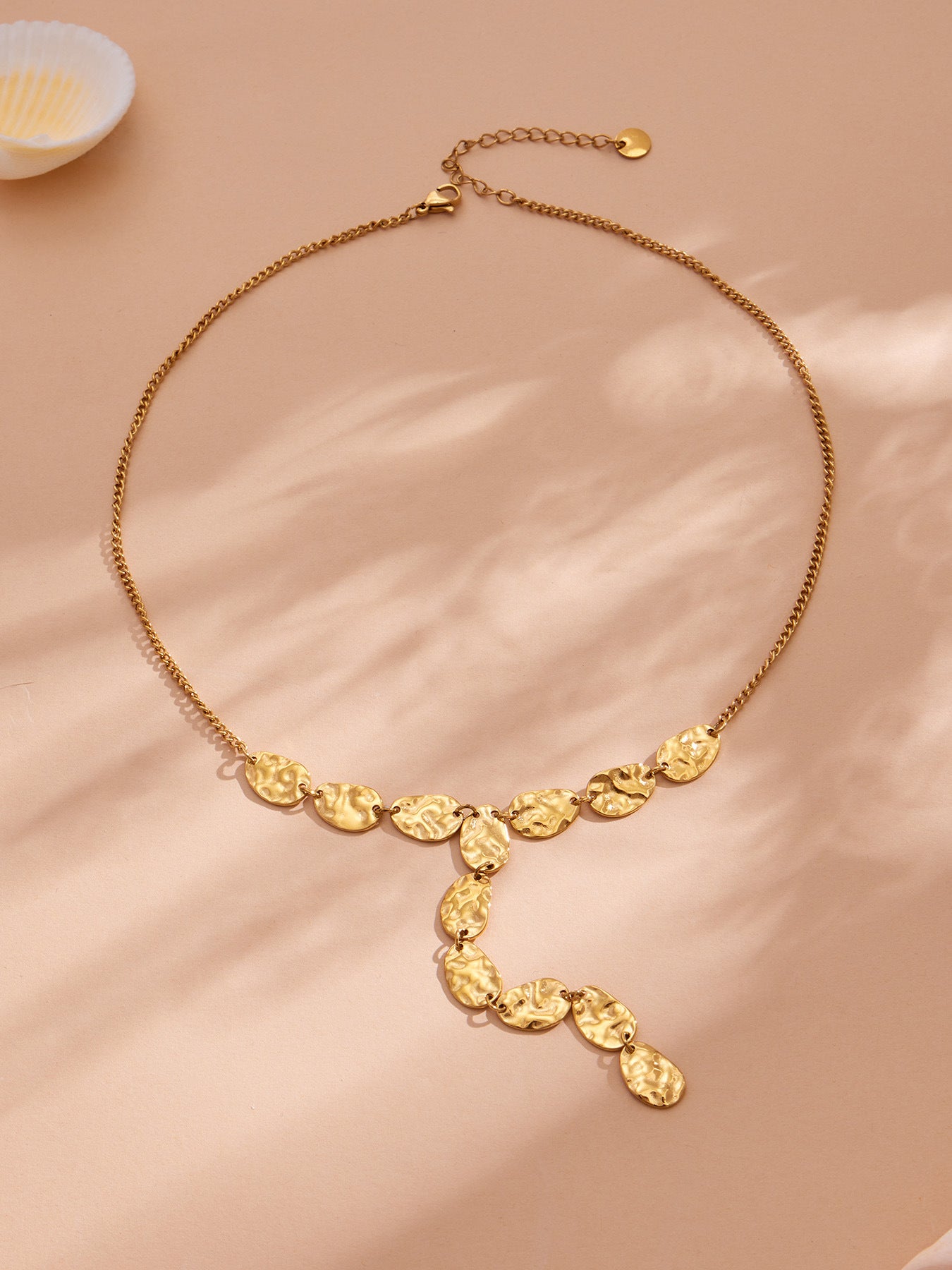 316L Stainless Steel 18K Gold PVD Geometric Hammered Y Necklace - Geometric Hammered Y Necklace Minimalist Gold Wholesale Stainless Steel Jewelry - Sensitive Skin Friendly - Detail 2