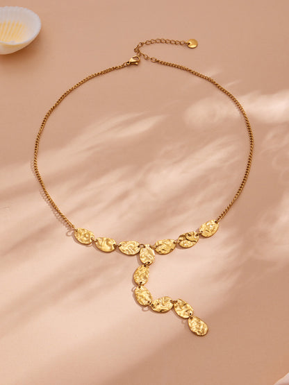 316L Stainless Steel 18K Gold PVD Geometric Hammered Y Necklace - Geometric Hammered Y Necklace Minimalist Gold Wholesale Stainless Steel Jewelry - Sensitive Skin Friendly - Detail 2