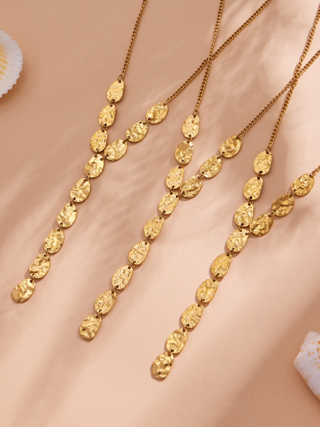 316L Stainless Steel 18K Gold PVD Geometric Hammered Y Necklace - Geometric Hammered Y Necklace Minimalist Gold Wholesale Stainless Steel Jewelry - Sensitive Skin Friendly - Detail 3