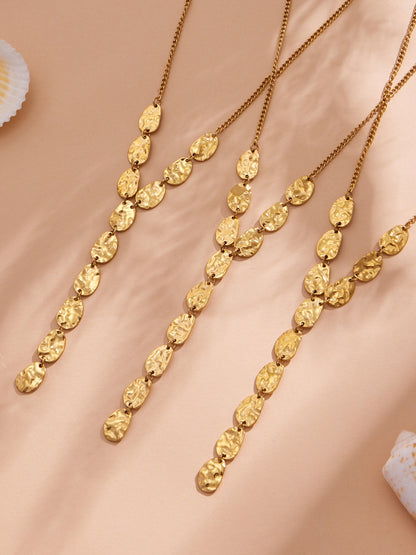 316L Stainless Steel 18K Gold PVD Geometric Hammered Y Necklace - Geometric Hammered Y Necklace Minimalist Gold Wholesale Stainless Steel Jewelry - Sensitive Skin Friendly - Detail 3