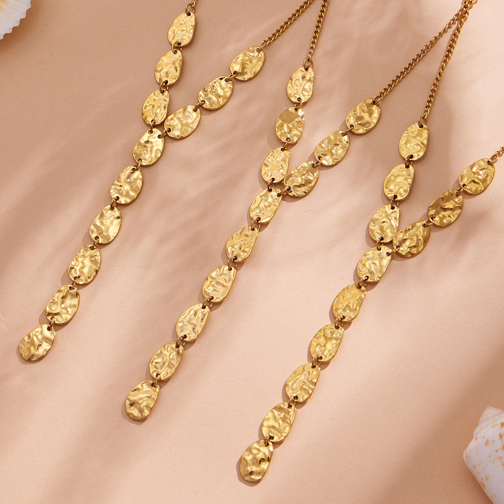 316L Stainless Steel 18K Gold PVD Geometric Hammered Y Necklace - Geometric Hammered Y Necklace Minimalist Gold Wholesale Stainless Steel Jewelry - Sensitive Skin Friendly - Detail 4