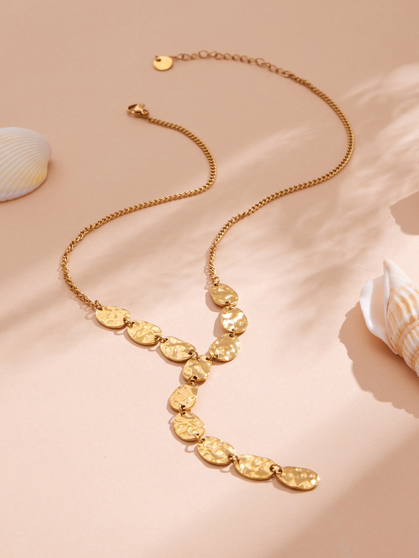 316L Stainless Steel 18K Gold PVD Geometric Hammered Y Necklace - Geometric Hammered Y Necklace Minimalist Gold Wholesale Stainless Steel Jewelry - Sensitive Skin Friendly - Detail 5