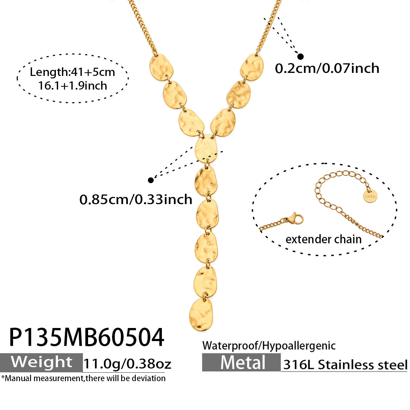 316L Stainless Steel 18K Gold PVD Geometric Hammered Y Necklace - Geometric Hammered Y Necklace Minimalist Gold Wholesale Stainless Steel Jewelry - Sensitive Skin Friendly - Detail 6