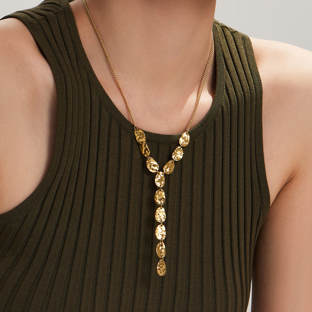 316L Stainless Steel 18K Gold PVD Geometric Hammered Y Necklace - Geometric Hammered Y Necklace Minimalist Gold Wholesale Stainless Steel Jewelry - Sensitive Skin Friendly - Detail 8