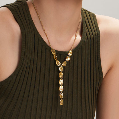 316L Stainless Steel 18K Gold PVD Geometric Hammered Y Necklace - Geometric Hammered Y Necklace Minimalist Gold Wholesale Stainless Steel Jewelry - Sensitive Skin Friendly - Detail 8