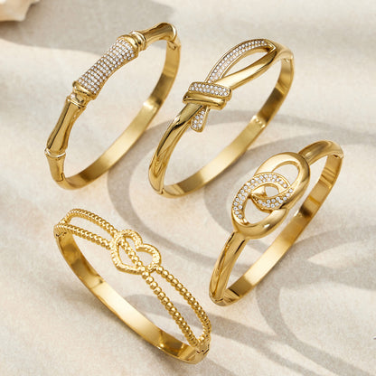 316L Stainless Steel 18K Gold PVD Geometric Heart Clasp Bangle Bracelet - Geometric Heart Clasp Bangle Minimalist Gold Bracelet Wholesale Stainless Steel Jewelry - Sensitive Skin Friendly - Detail 10