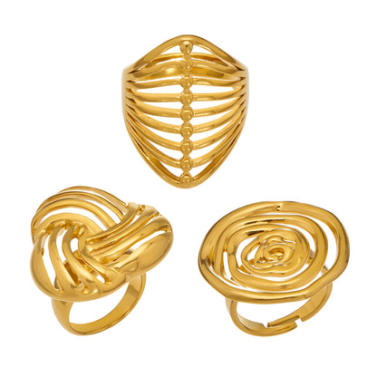 316L Stainless Steel 18K Gold PVD Geometric Hollow Open Ring - Geometric, Hollow, Open, Gold, Modern Wholesale Stainless Steel Jewelry - Sensitive Skin Friendly - Detail 17