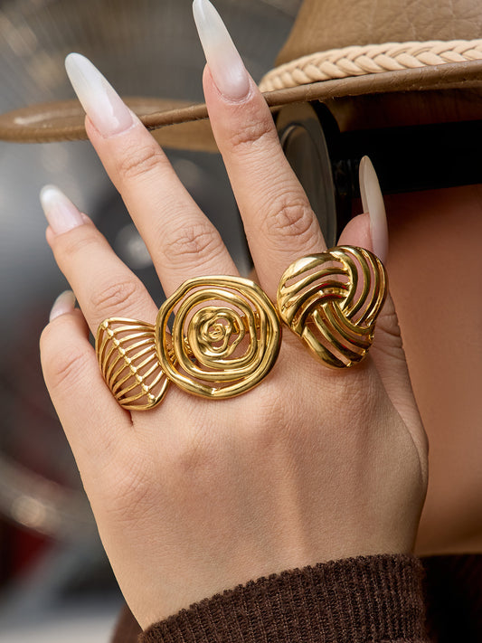 316L Stainless Steel 18K Gold PVD Geometric Hollow Open Ring - Geometric, Hollow, Open, Gold, Modern Wholesale Stainless Steel Jewelry - Sensitive Skin Friendly - Detail 19